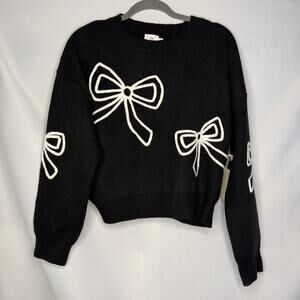 Luna Ivy‎ NWT Black Knit Bow Sweater Large Coquette Ribbon Graphic Crewneck Top